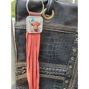 Handmade cow lover boho Leather Fringe Western bag charm, Long fringe keychain
